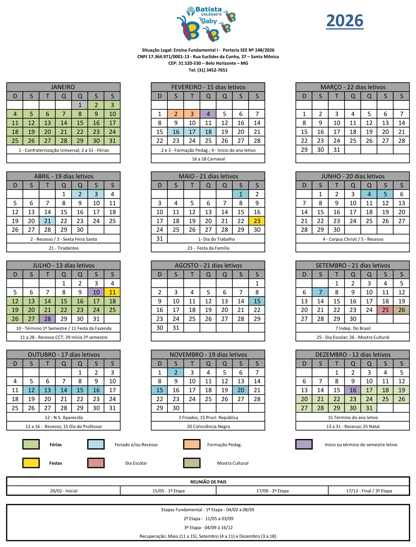 Calendário Escolar 2026 — Batista Colégio's